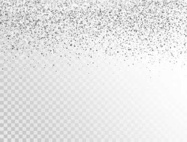 Metin için boşluğu olan gümüş renkli bir kenar. Lüks sim süsleme. Şeffaf arka planda gümüş parıltılar ve toz. Noel, doğum günü ve düğün için parlak bir tasarım. Vektör illüstrasyonu.