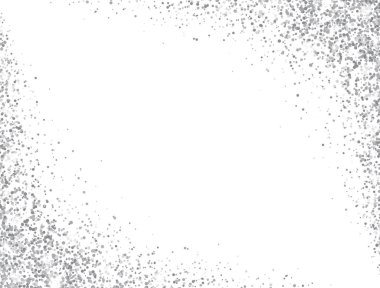 Metin için alanı olan gümüş bir çerçeve. Lüks sim dekorasyon sınırı. Beyaz arka planda gümüş parıltılar ve toz. Noel, doğum günü ve düğün için parlak bir tasarım. Vektör illüstrasyonu.