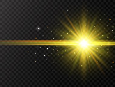 Şeffaf arkaplanda ışıltı ve ışıltılarla yıldız patlaması. Güneş ışınları ve spot ışıklarıyla parlıyor. Parlak efekt. Renkli lensler parlıyor. Patlama yıldızı. Vektör illüstrasyonu.