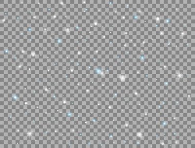 Şeffaf arkaplanda ışık efekti. Parlak beyaz ve mavi parıltılar. Parıldayan sihirli toz parçacıkları. Parlayan yıldızlar kompozisyonu. Güneş ışığı. Noel süsü. Vektör illüstrasyonu.