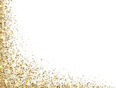 Parlak altın çerçeveli, beyaz arka planda toz ve parıltılar. Lüks sim süsleme. Noel, doğum günü ve düğün için parlak bir tasarım. Vektör illüstrasyonu.