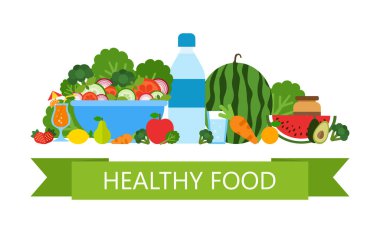 Sağlıklı yiyecekler. Sağlıklı bir yaşam tarzı. Restoran ve kafe için vejetaryen menüsü. Vejetaryen masası. Organik mağaza konsepti. Organik ürünler seti. Vektör illüstrasyonu.