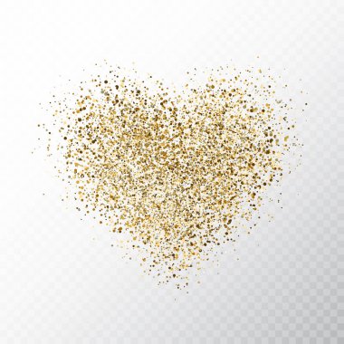 Şeffaf arka planda izole edilmiş parlak altın kalpler. Yıldız tozuyla parıldayan altın kalp bayrağı. Sihirli parçacıklar Parlak kalp pırıltısı. Tatil için lüks tasarım. Vektör illüstrasyonu.