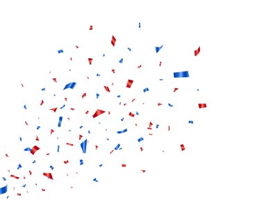 Konfeti mavi ve kırmızı sıçrama. Beyaz arka plana parlak renkli konfeti düşüyor. Bağımsızlık Gününüz kutlu olsun. Parti arkaplanı. Usa bayrağı. Tatil tasarım elementleri. Vektör illüstrasyonu.