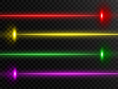 Lazer ışını ayarlandı. Renkli lazer ışını koleksiyonu şeffaf arkaplanda izole edildi. Neon hatları. Parlak partili lazer ışınları soyut bir etki yaratıyor. Parlak gelecek tasarım elementleri. Vektör illüstrasyonu.