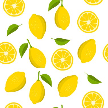 Limon ve limon dilimleri. Sarı limonlu yaz arkaplanı. Vektör illüstrasyonu.
