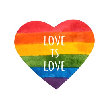 Gökkuşağı kalbi. Aşk aşktır. Gurur sloganı. LGBT kalbi. Elle boyanmış gökkuşağı. Hoşgörü günü kartı. Vektör illüstrasyonu.