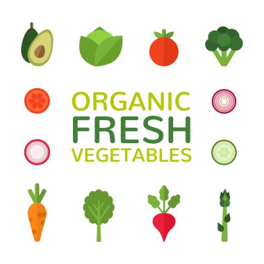 Organik taze sebzeler. Düz sebze koleksiyonu. Sağlıklı gıda tasarımı beyaz arka planda izole edilmiş. Vejetaryen menüsü. Vektör illüstrasyonu.
