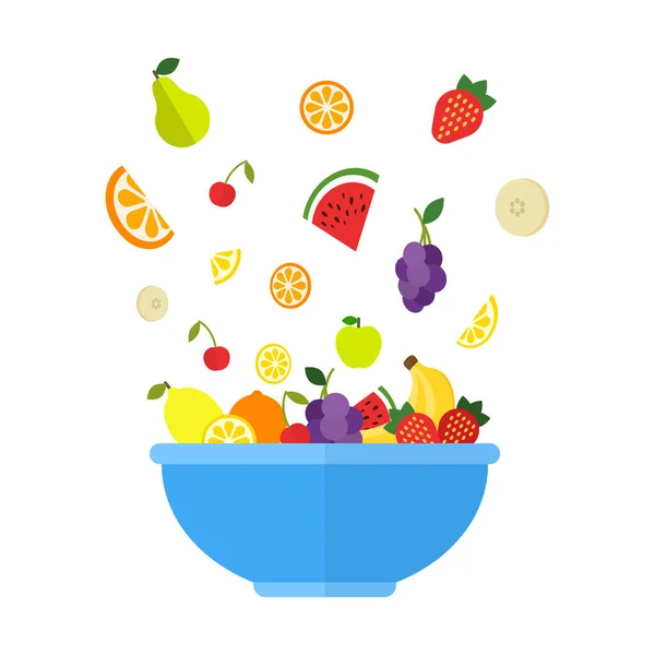 Frutas Bagas Estão Caindo Grande Tigela Azul Salada Frutas Frescas — Vetor de Stock