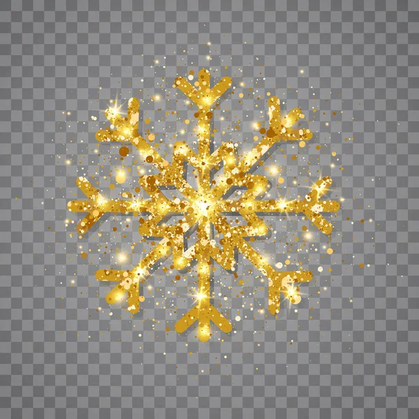 Блискуча Золота Сніжинка Прозорому Фоні Світлі Золоті Сніжинки Блискучою Текстурою — стоковий вектор