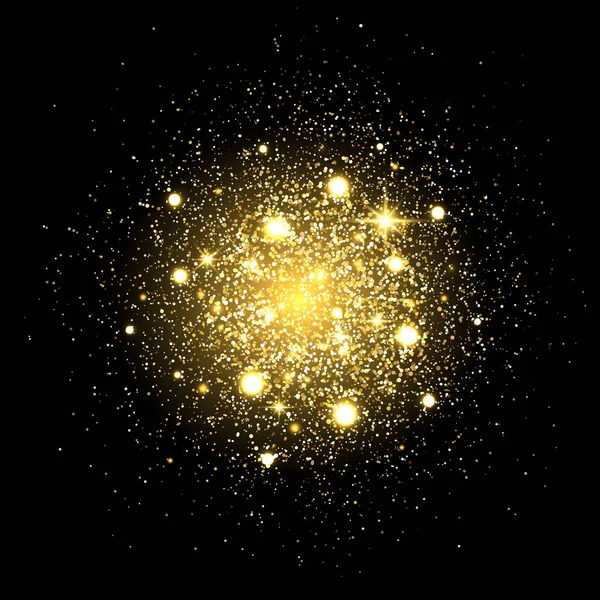 Bakgrunn Glitter Partikler Eksplosjon Med Gullglitter Stjernestøv Svart Bakgrunn Gullpartiklene – stockvektor