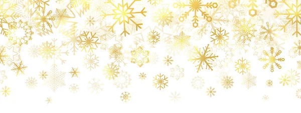 Guld Snöflingor Vit Bakgrund Gyllene Snöflingor Gränsar Till Olika Ornament — Stock vektor