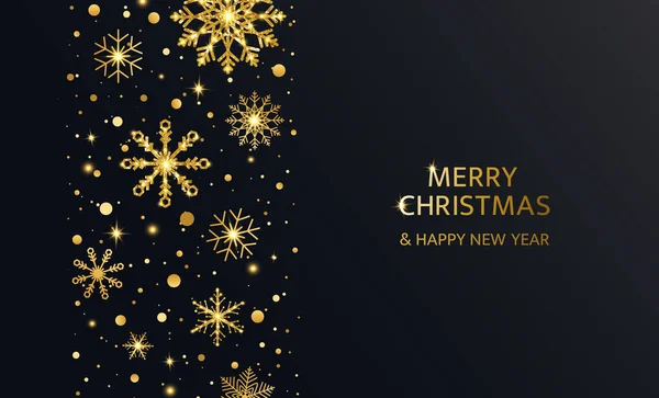 Parlak kar taneleri ve parlak yıldızlı kar altyapısı. Tatil afişi, poster ve davetiye için ışıl ışıl parlayan altın rengi kar taneleri. Mutlu noel kartları. Vektör ilüstrasyonu.