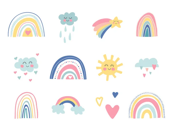 Cute Kids Nursery Collection Hand Drawn Rainbows Sun Funny Clouds — Stock Vector