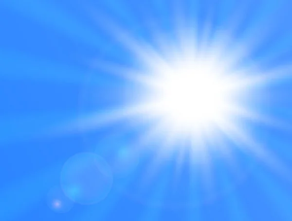 Realistisch Stralende Zon Blauwe Achtergrond Zon Met Lensflare Vectorillustratie — Stockvector