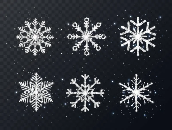 Срібний Блиск Колекції Сніжинок Прозорому Фоні Блискучий Різдвяний Дизайн Блискітками — стоковий вектор