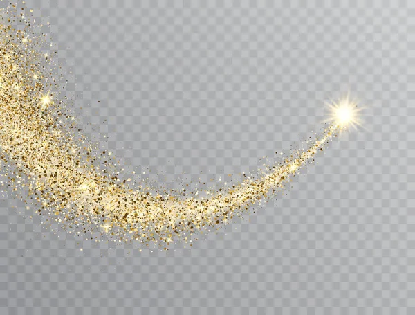 透明な背景にキラキラ輝く粒子と星の塵の道 金色の輝く宇宙彗星の尾 宇宙波だ 塵の尾を持つ黄金の輝く星 お祭り騒ぎだ ベクターイラスト — ストックベクタ