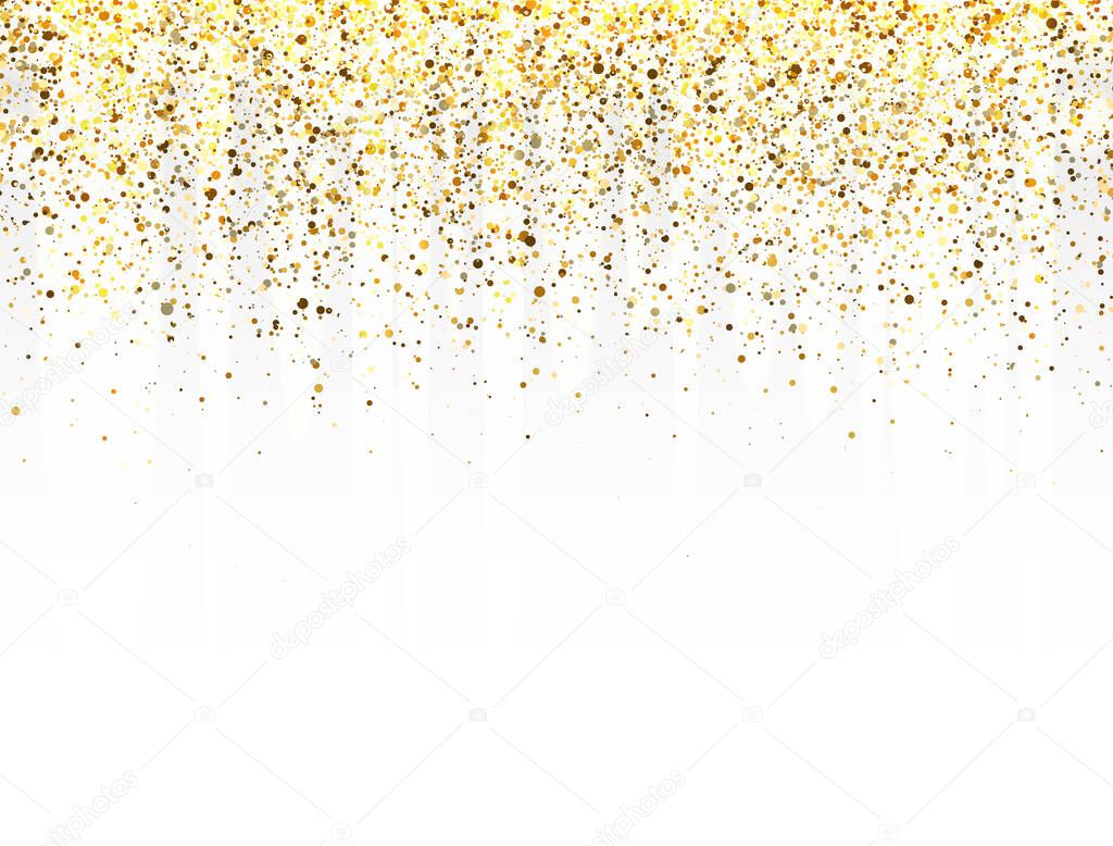 Glitter gold frame with space for text. Luxury glitter decoration. Golden sparkles and dust on transparent background. Bright design for Christmas, Birthday, Wedding. Vector illustration.