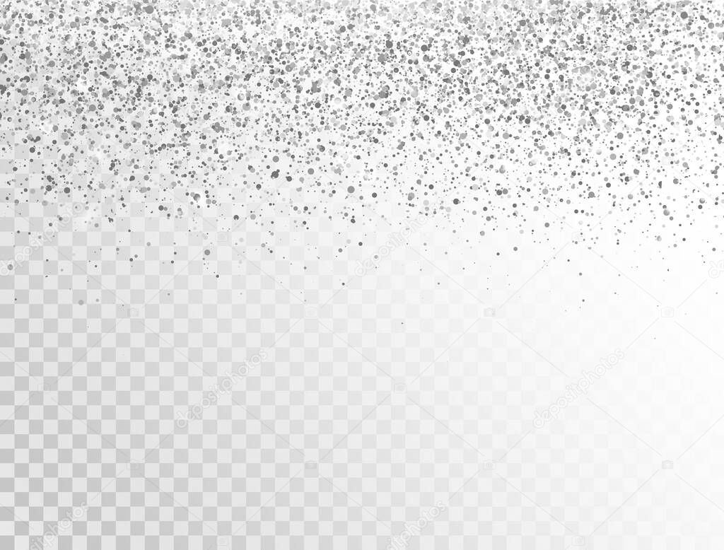 Glitter silver border with space for text. Luxury glitter decoration. Silver sparkles and dust on transparent background. Bright design for Christmas, Birthday, Wedding. Vector illustration.