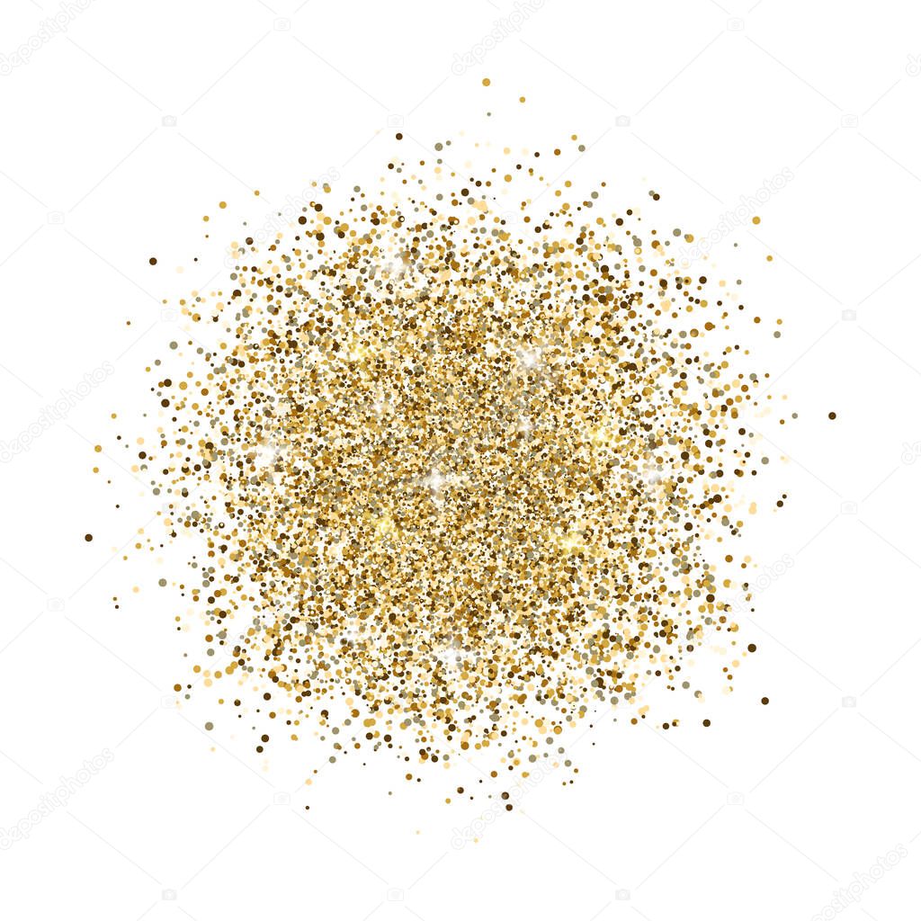 Glitter background. Gold glitter splash on white background. Bright dust sparkle. Golden design for card, web banner, poster, print, wallpaper. Vector illustration.