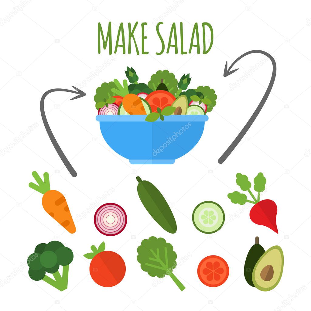 Salad with fresh vegetables in blue bowl isolated on white background. Make salad concept. Applicable set of vegetables. Vegan menu. Vector illustration.