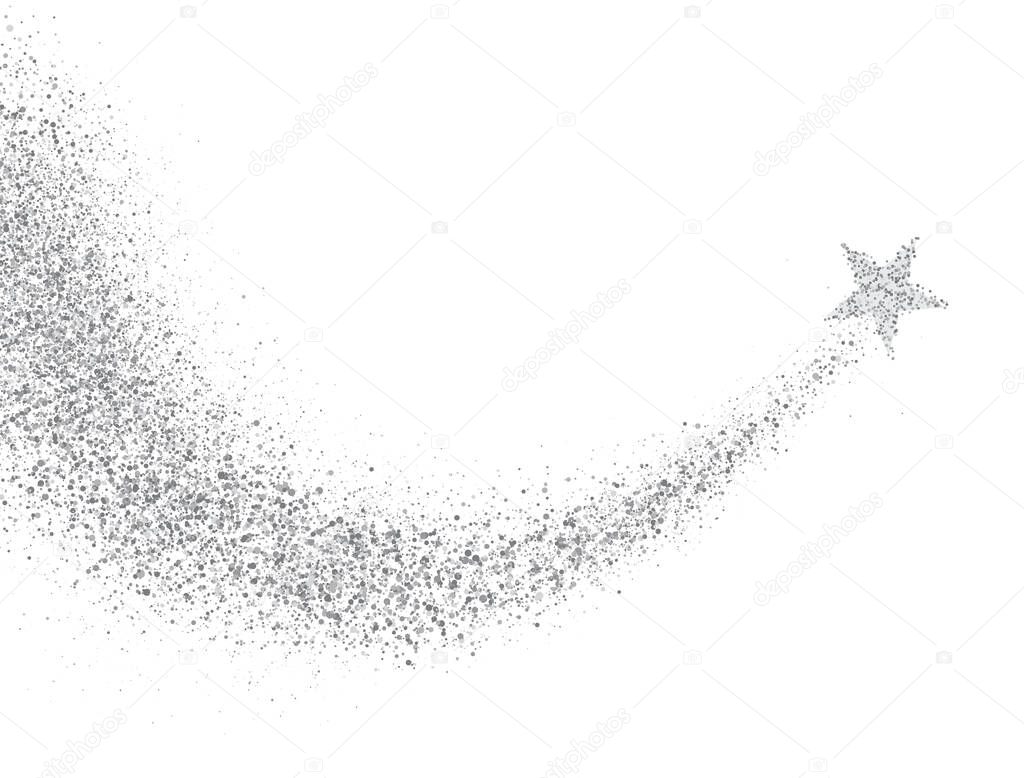 Star dust trail with glitter sparkling particles on white background. Silver glittering space comet tail. Cosmic wave. Shining star with dust tail. Luxury festive backdrop. Vector illustration.