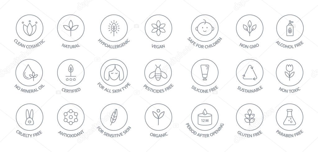 Natural and organic cosmetic line icons big set. GMO free emblems. Organic products badges. Hypoallergenic, safe for children, clean cosmetic, non toxic. Vegan, bio food. Vector illustration.