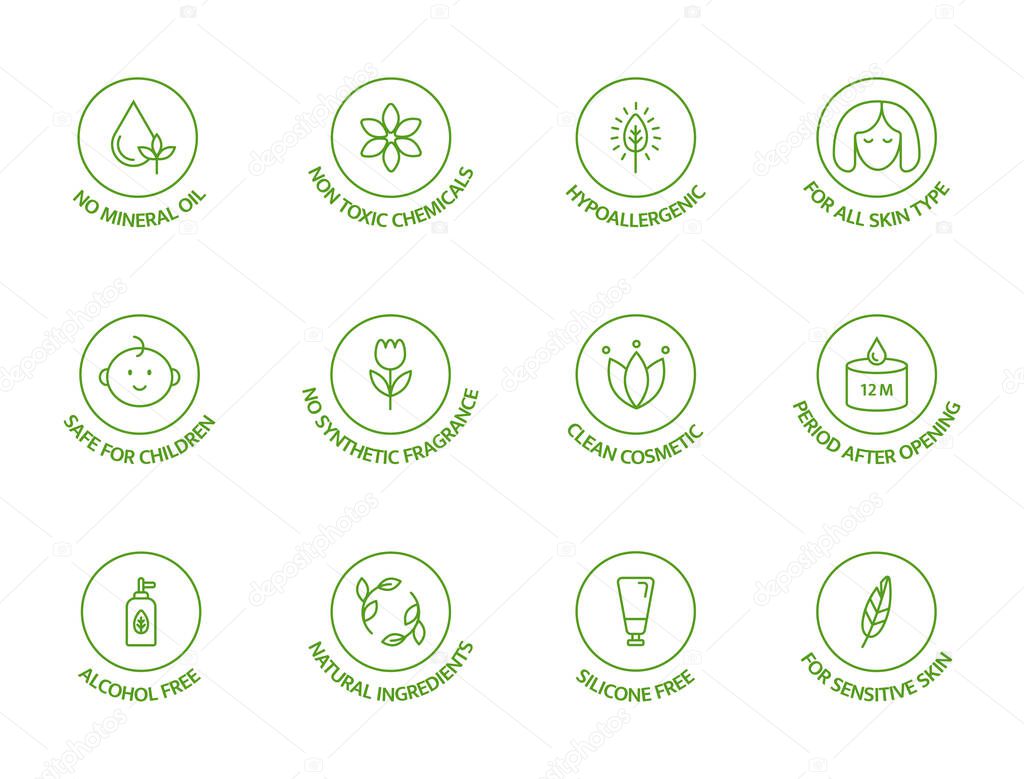 Organic cosmetic line icons set. Natural ingredients badges. GMO free emblems. Hypoallergenic, safe for children, clean cosmetic, non toxic. Vegan, bio food. Vector illustration.