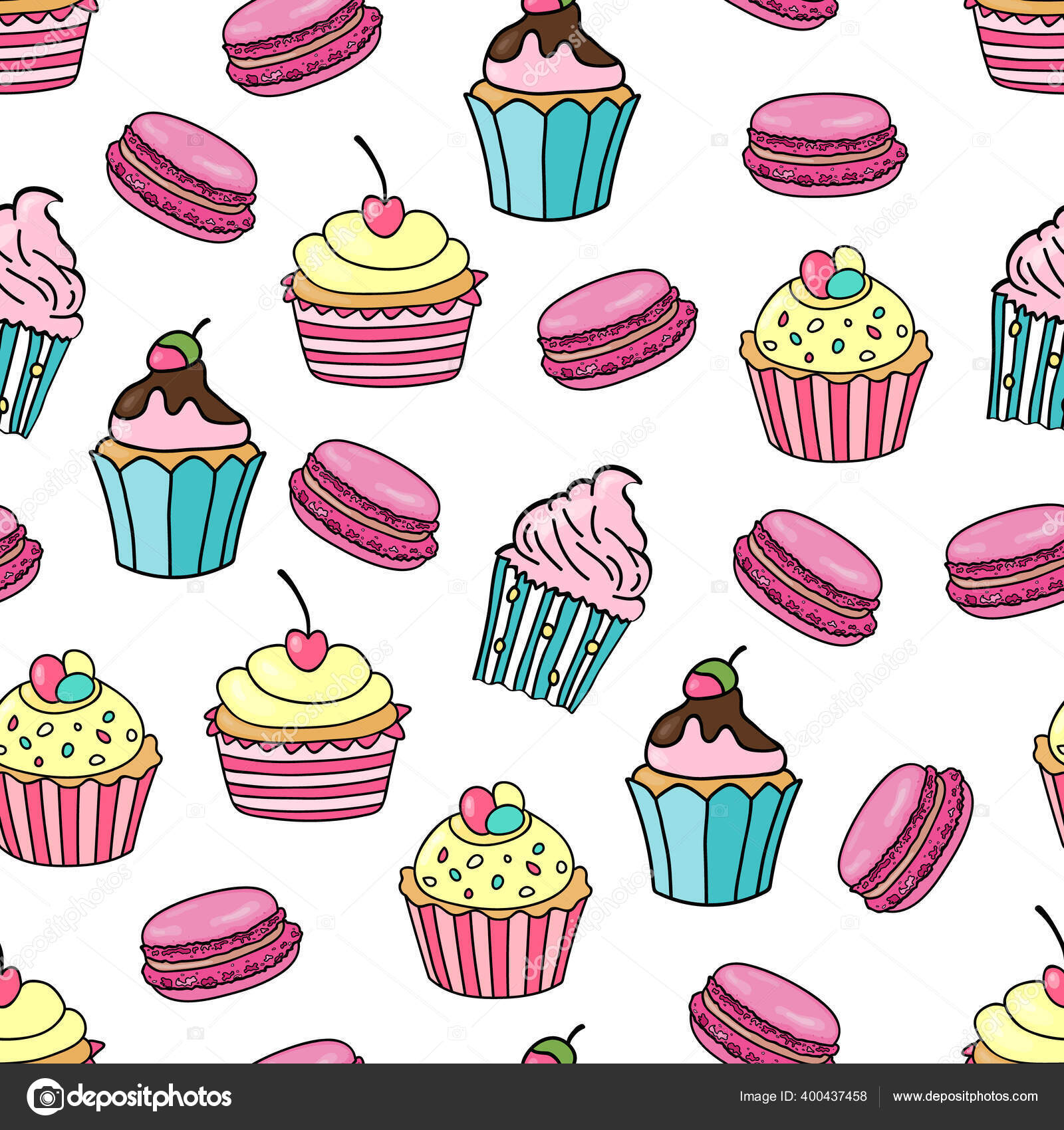 Cupcake Fondo Macarrón Patrón Sin Costuras Con Diferentes Cupcakes  Macarrones Vector de stock #400437458 de ©lubahk90@gmail.com, image size:1600x1700