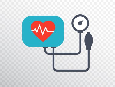 Kalp basıncı ikonu düz stil. Arteriyel tansiyon kontrolü konsepti. Tansiyon ölçer şeffaf arkaplanda izole edilmiş. Tıbbi muayene. Sağlık hizmetleri. Kalp testi. Vektör illüstrasyonu.