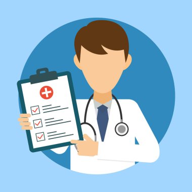 Doctor with stethoscope and medical test. Medic icon in flat style. Health care services concept. Banner with online doctor diagnosis. Medical examination. Vector illustration. clipart