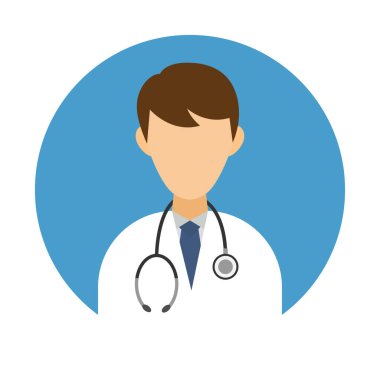 Sıhhiye simgesi düz stil. Mavi arka planda steteskobu olan bir doktor. Sağlık hizmetleri konsepti. Çevrimiçi doktor teşhisi konulmuş pankart. Tıbbi muayene. Vektör illüstrasyonu.