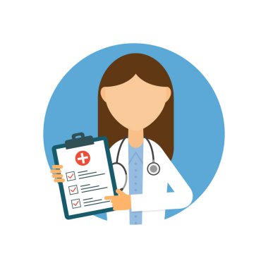 Steteskopu ve tıbbi testi olan doktor kadın. Sıhhiye simgesi düz stil. Doktor Avatar. Sağlık hizmetleri konsepti. Çevrimiçi doktor teşhisi konulmuş pankart. Tıbbi muayene. Vektör illüstrasyonu