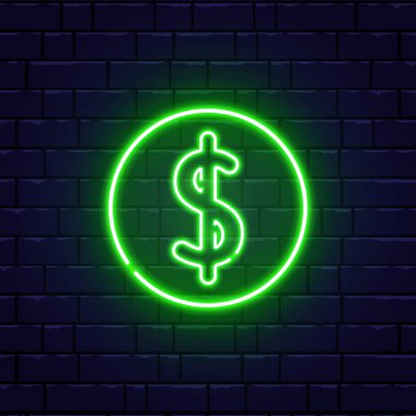 Tuğla duvarda dolar şeklinde neon ışığı. Parlak yeşil bir sembol. Gece lambası reklamı. Neon şablonunu tekrar nakite çevir. Arkadan ışıklandırmalı para birimi. Finans konsepti. Vektör illüstrasyonu.