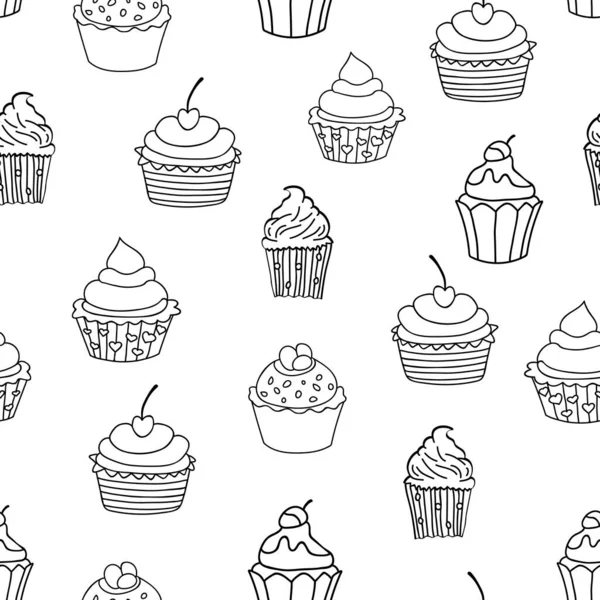 Mooi Patroon Doodle Naadloos Patroon Met Cupcakes Witte Achtergrond Vectorillusie — Stockvector