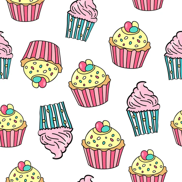 Naadloos Patroon Met Verschillende Cupcakes Witte Achtergrond Cupcake Achtergrond Zoete — Stockvector