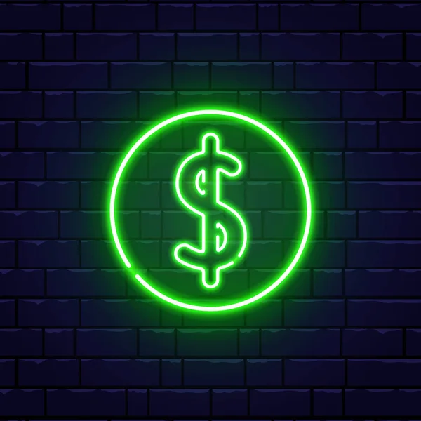 Dollar Leuchtreklame Der Ziegelwand Geld Leuchtend Grünes Symbol Nachtleuchtende Werbung — Stockvektor