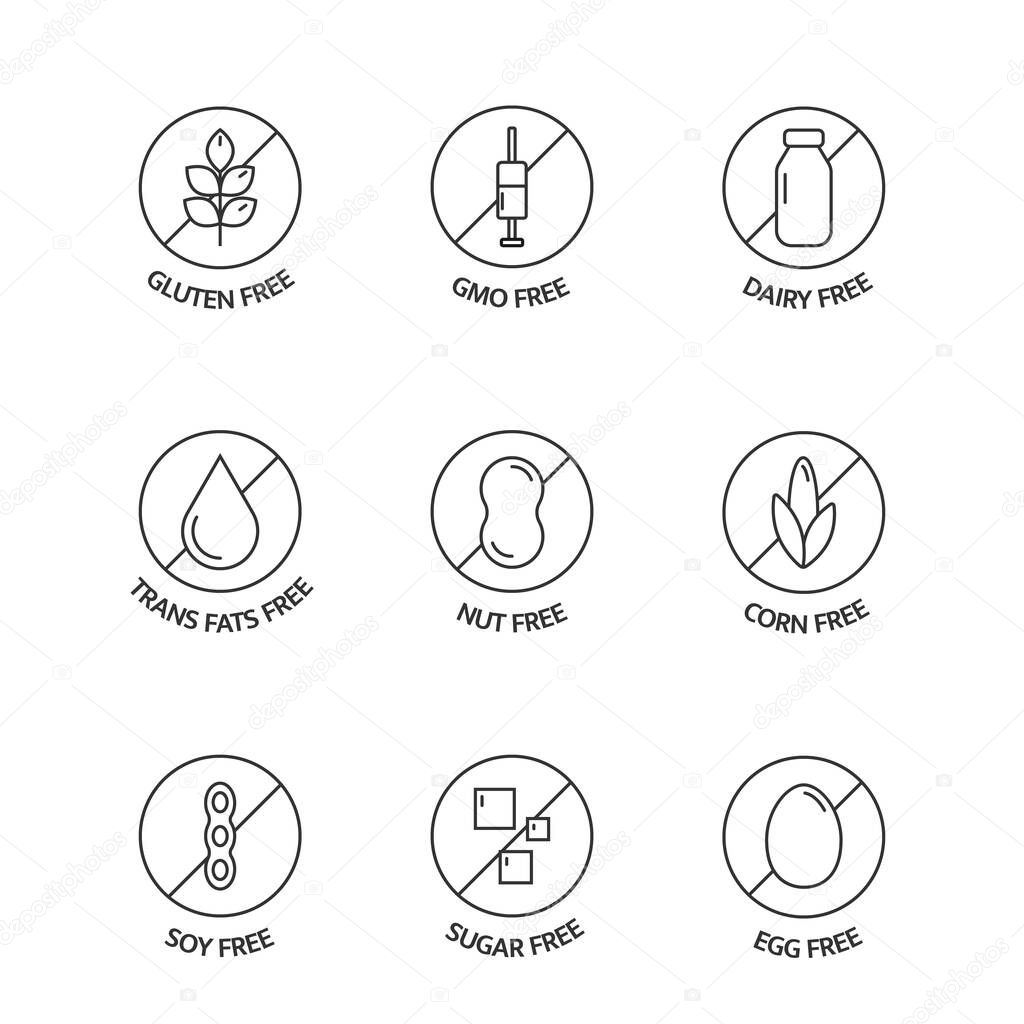 Product free allergen line icons. Food intolerance. Organic food and drink stickers. Natural products labels. Food dietary. Healthy eating. GMO free emblems. Vegan, bio. Vector illustration.