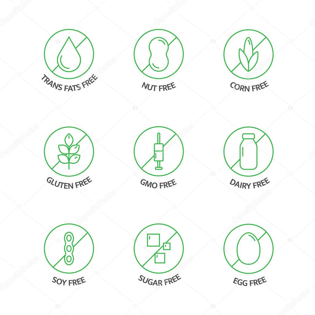 Organic food and drink stickers. Product free allergen line icons. Food intolerance. Natural products green labels. Food dietary. Healthy eating. GMO free emblems. Vegan, bio. Vector illustration.