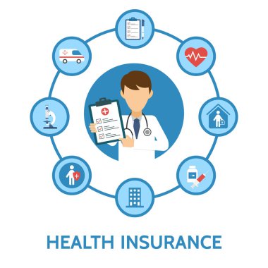 Sağlık sigortası bilgisi. Tıbbi muayene. Sağlık koruması. Sağlık, sağlık hizmetleri. Online doktor teşhisi. Vektör illüstrasyonu.