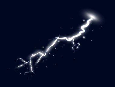 Beyaz yıldırım karanlık arka planda izole. Fırtına tasarım elementi. Sihirli parlak ışık efekti. Elektrik patlaması. Vektör illüstrasyonu.