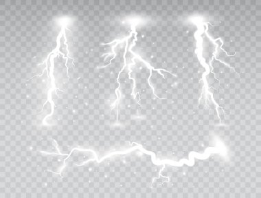 Şeffaf arkaplanda beyaz ışıklar belirlendi. Fırtına tasarım elementleri. Sihirli parlak ışık efekti. Elektrik patlaması. Vektör illüstrasyonu.