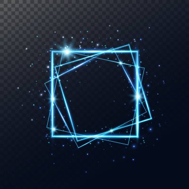 Parlak mavi neon çerçeve. Şeffaf arkaplanda parlayan kare pankart izole edildi. Elektrikli 3 boyutlu sınır. Hafif Noel arkaplanı. Vektör illüstrasyonu.