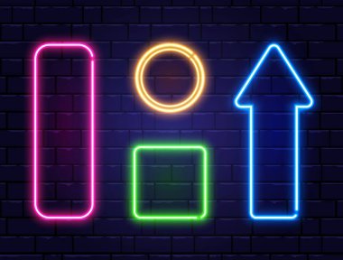 Duvarda izole edilmiş neon çerçeveler. Gerçekçi renkli neon pankartlar. Parlayan gece tabelası. Elektrik pankartı. Vektör illüstrasyonu.