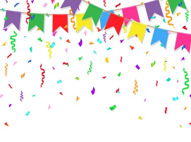 Kutlama afişi. Beyaz arka planda konfeti olan parti bayrakları. Vektör illüstrasyonu.