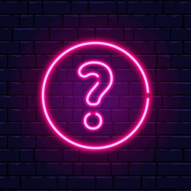 Neon soru işareti. Parlak pembe soru işareti. Duvarda renkli neon pankart. Gerçekçi parlak gece tabelası. Parlak neon etkisi. Vektör illüstrasyonu.