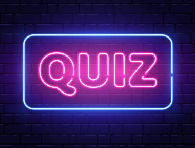 Quiz neon text banner on brick wall. Questions team game. Quiz night poster. Pub neon signboard. Night bright advertising. Vector illustration. clipart