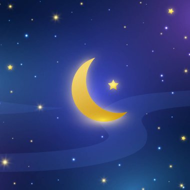 Gece gökyüzü arka planı. Ramazan Kareem festivali afişi. Gece yarısı yarım ay ve yıldızlar. Mavi parlayan uzay evreni. Yıldızlı uzay duvar kağıdı. Vektör illüstrasyonu.