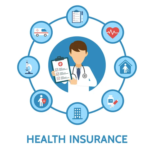 Infografik Zur Krankenversicherung Medizinische Untersuchung Gesundheitsschutz Gesundheitswesen Medizinischer Dienst Online — Stockvektor