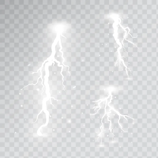 Rayos Blancos Aislados Sobre Fondo Transparente Thunder Storm Elementos Diseño — Vector de stock